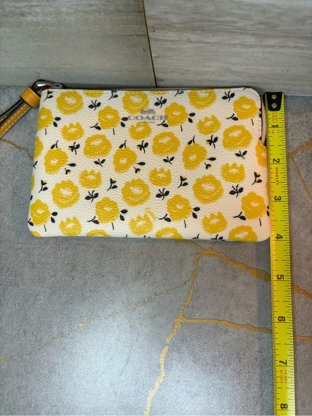 COACH NWT Yellow Floral Wristlet Pouch with Brown Strap